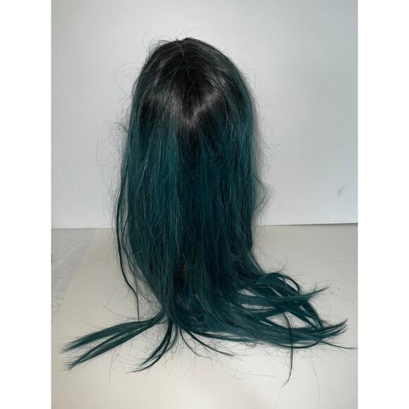 Long Ombre Straight Free Parting Synthetic Wig Two Tone Mix teal Green black NWT - Picture 10 of 12